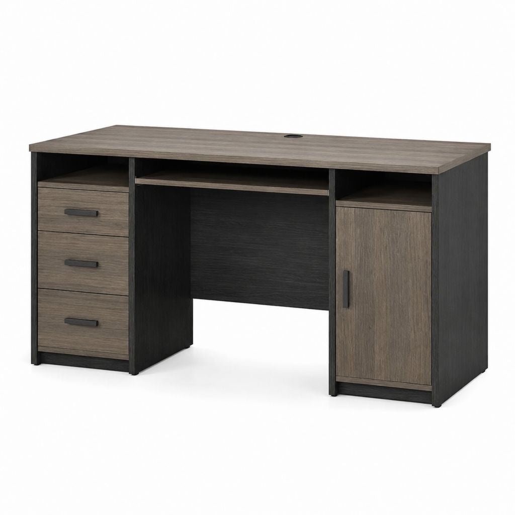 Scrivania tradizionale con 3 cassetti e anta rovere grigio e nero in truciolare 120 x 60 x 75 cm