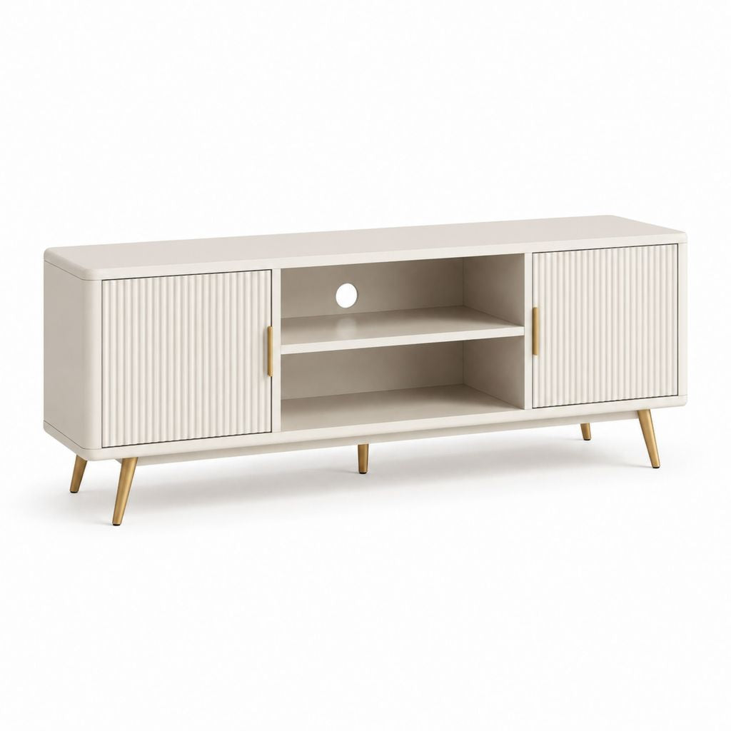 Mobile TV bianco in MDF rettangolare con 2 ante scanalate 160 x 40 x 55 cm