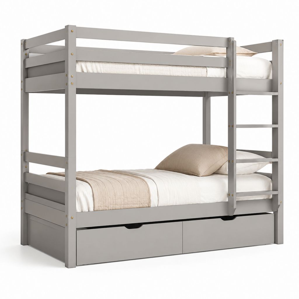 Letto a castello grigio in legno massello di pino rettangolare con 2 cassetti 198 x 105 x 160 cm per materassi 90 x 190 cm