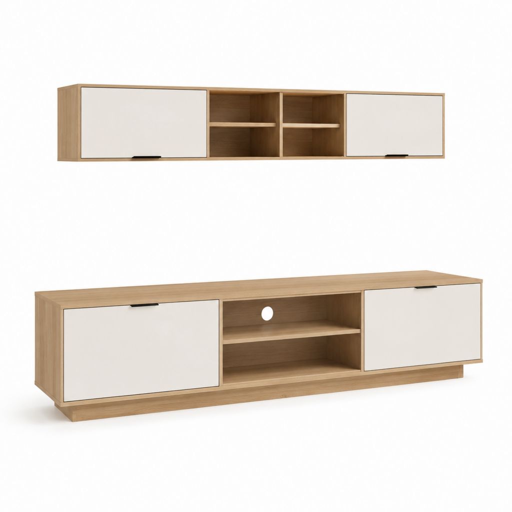 Set mobile TV con pensile rettangolare rovere chiaro e bianco in pannello truciolare 180 x 40 x 45 cm
