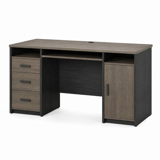 Scrivania tradizionale con 3 cassetti e anta rovere grigio e nero in truciolare 120 x 60 x 75 cm