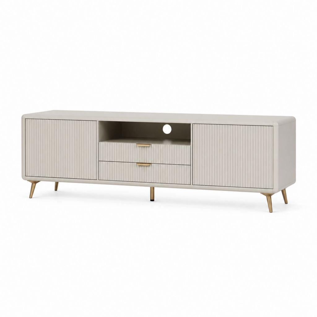 Mobile TV basso beige in MDF e legno massello 180 x 40 x 60 cm con 2 ante 2 cassetti e passacavi