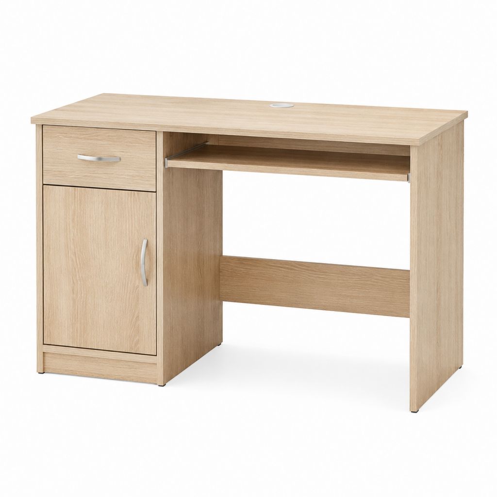 Scrivania da ufficio rettangolare rovere chiaro in pannello truciolare 100 x 50 x 75 cm con cassetto e anta