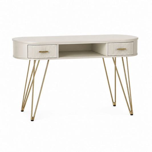 Scrivania tradizionale avorio in MDF ovale con 2 cassetti e gambe in acciaio dorato 120 x 55 x 76 cm