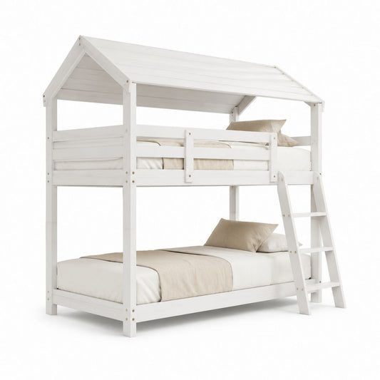 Letto a castello a casetta bianco in legno di pino massello 90 x 200 cm con scala