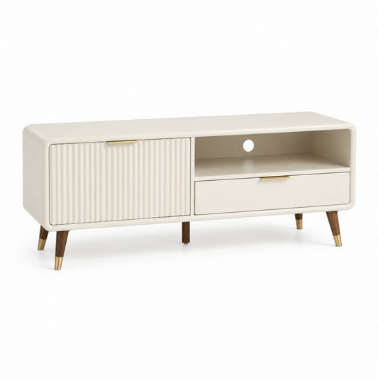 Mobile TV crema in MDF con gambe in legno massello rettangolare 140 x 40 x 60 cm