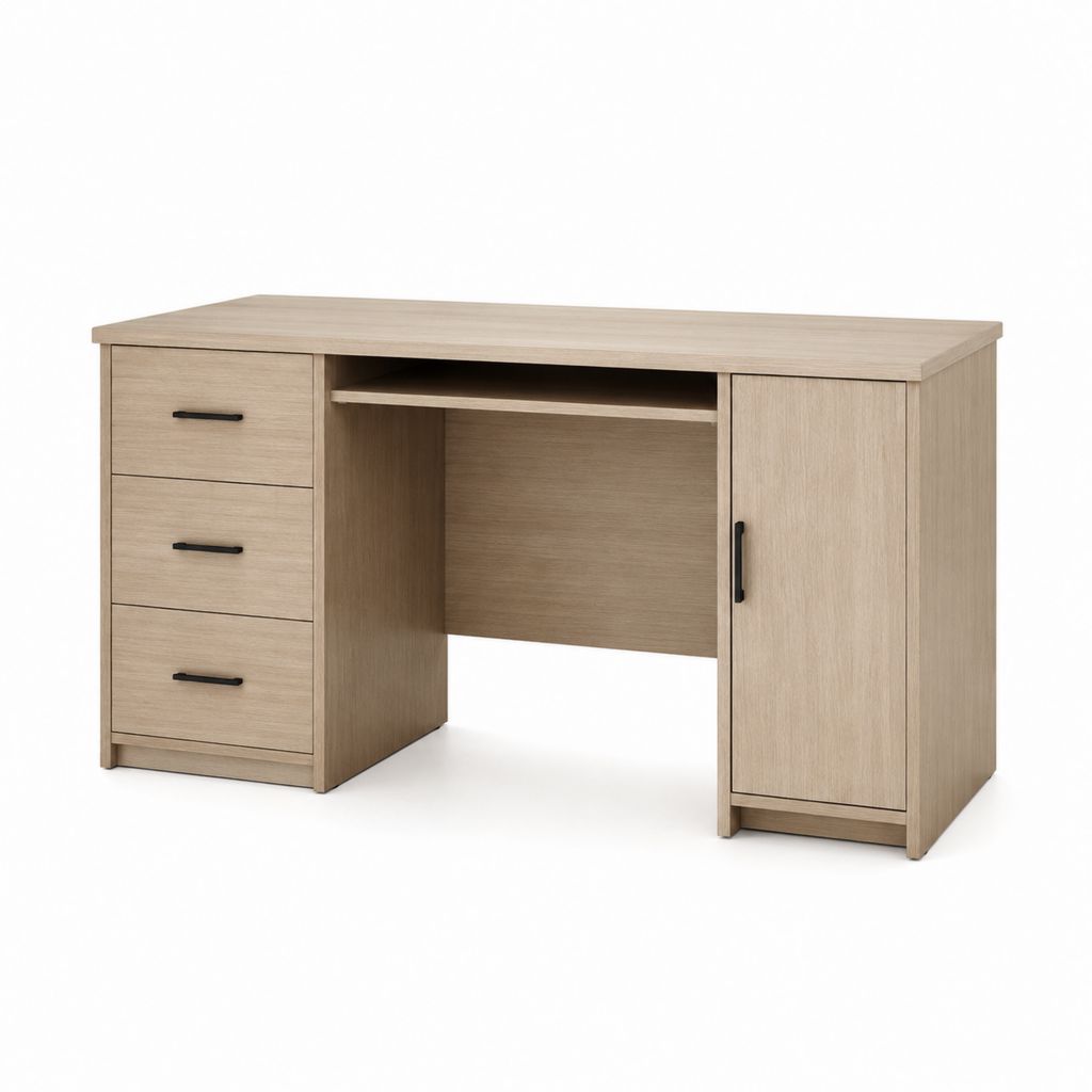 Scrivania tradizionale rettangolare rovere chiaro in pannello truciolare melaminico 120 x 60 x 75 cm con 3 cassetti e anta