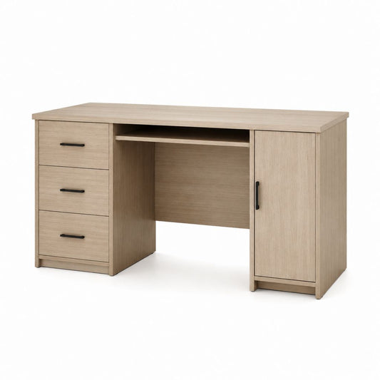 Scrivania tradizionale rettangolare rovere chiaro in pannello truciolare melaminico 120 x 60 x 75 cm con 3 cassetti e anta