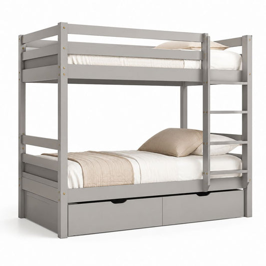 Letto a castello grigio in legno massello di pino rettangolare con 2 cassetti 198 x 105 x 160 cm per materassi 90 x 190 cm