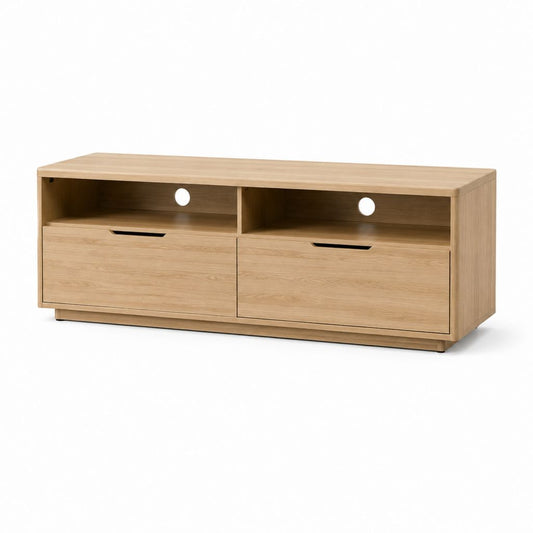 Mobile TV rettangolare in MDF impiallacciato rovere chiaro 160 x 40 x 60 cm con 2 cassetti e passacavi