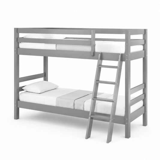 Letto a castello grigio in legno massello di pino 90 x 200 cm con scala inclinata 210 x 102 x 160 cm