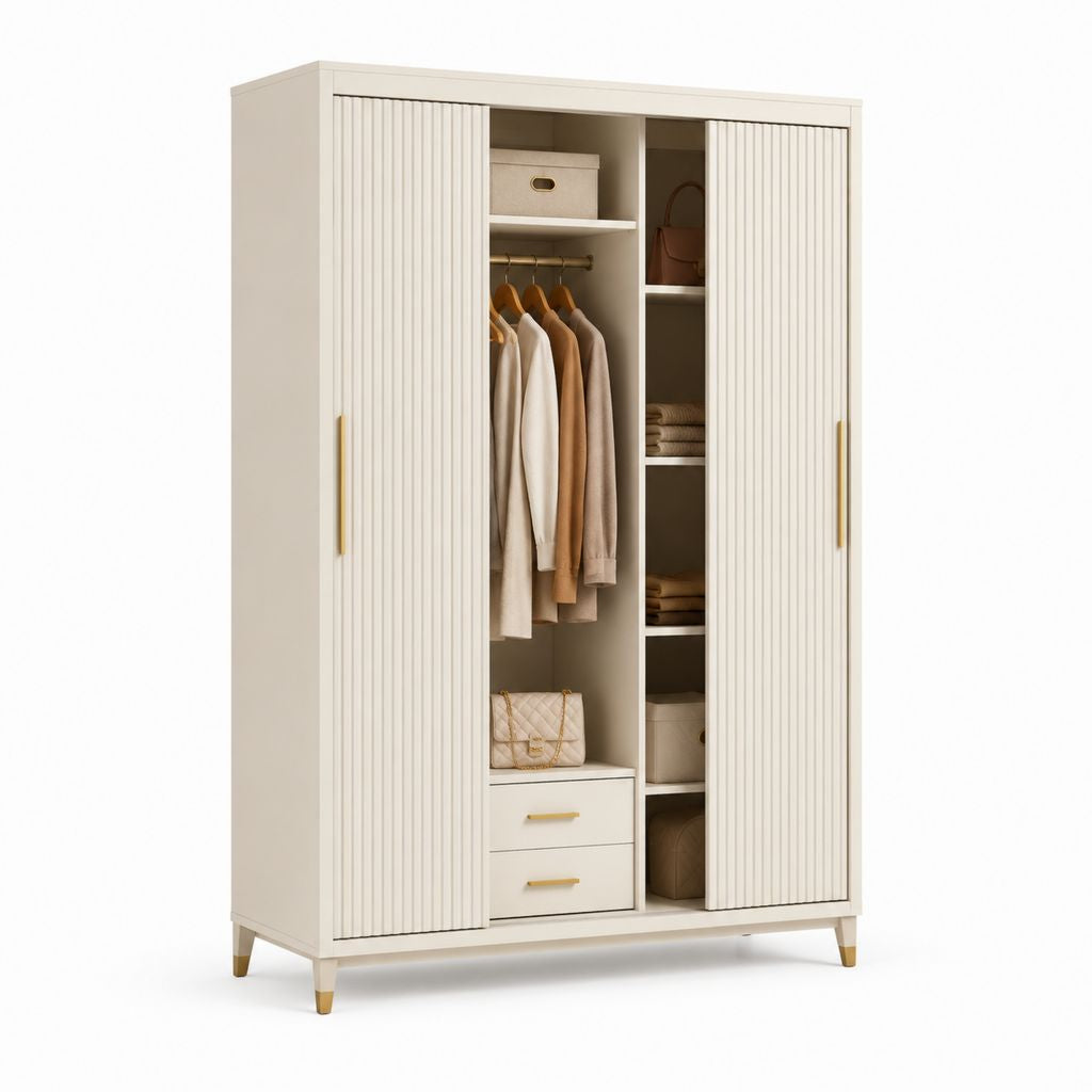 Armadio guardaroba 2 ante scorrevoli bianco crema in pannello truciolare 120 x 50 x 200 cm con appendiabiti e 2 cassetti
