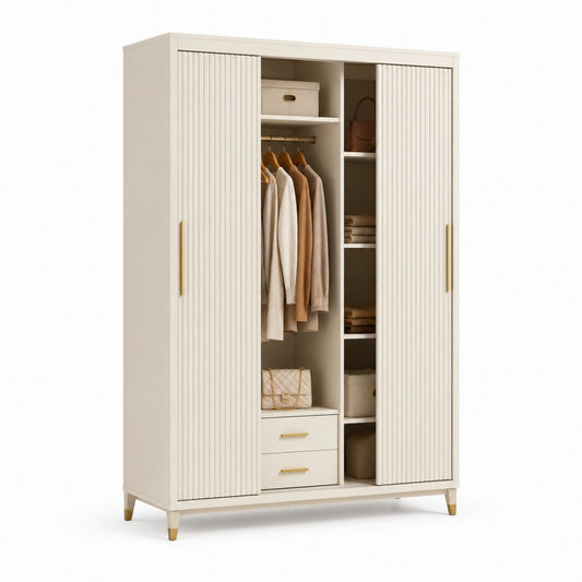 Armadio guardaroba 2 ante scorrevoli bianco crema in pannello truciolare 120 x 50 x 200 cm con appendiabiti e 2 cassetti