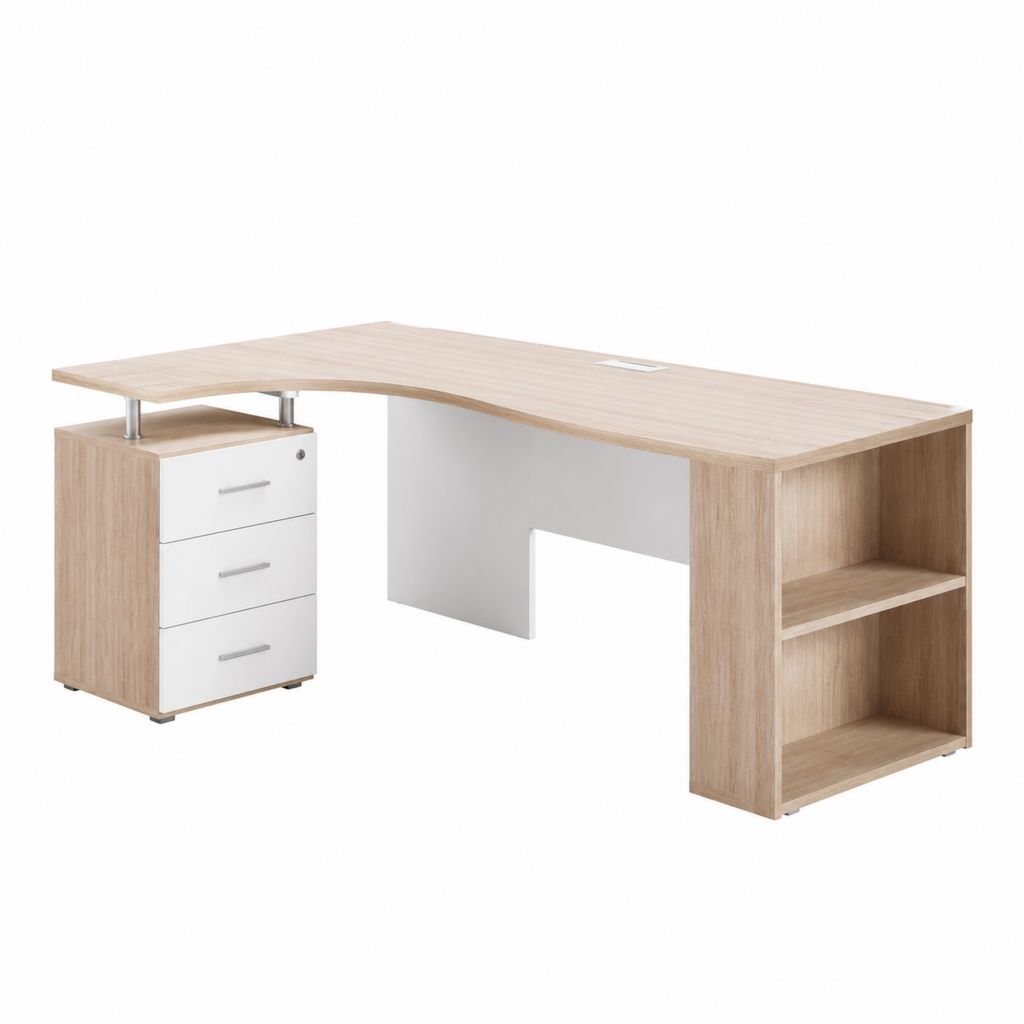 Scrivania angolare da ufficio rovere chiaro e bianco in pannello truciolare 160 x 120 x 75 cm con 3 cassetti e 2 ripiani